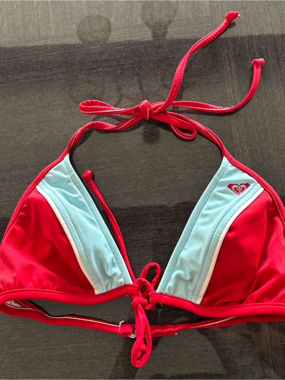 Y2K Roxy Red and Light Blue Triangle Bikini Top with White Trim
